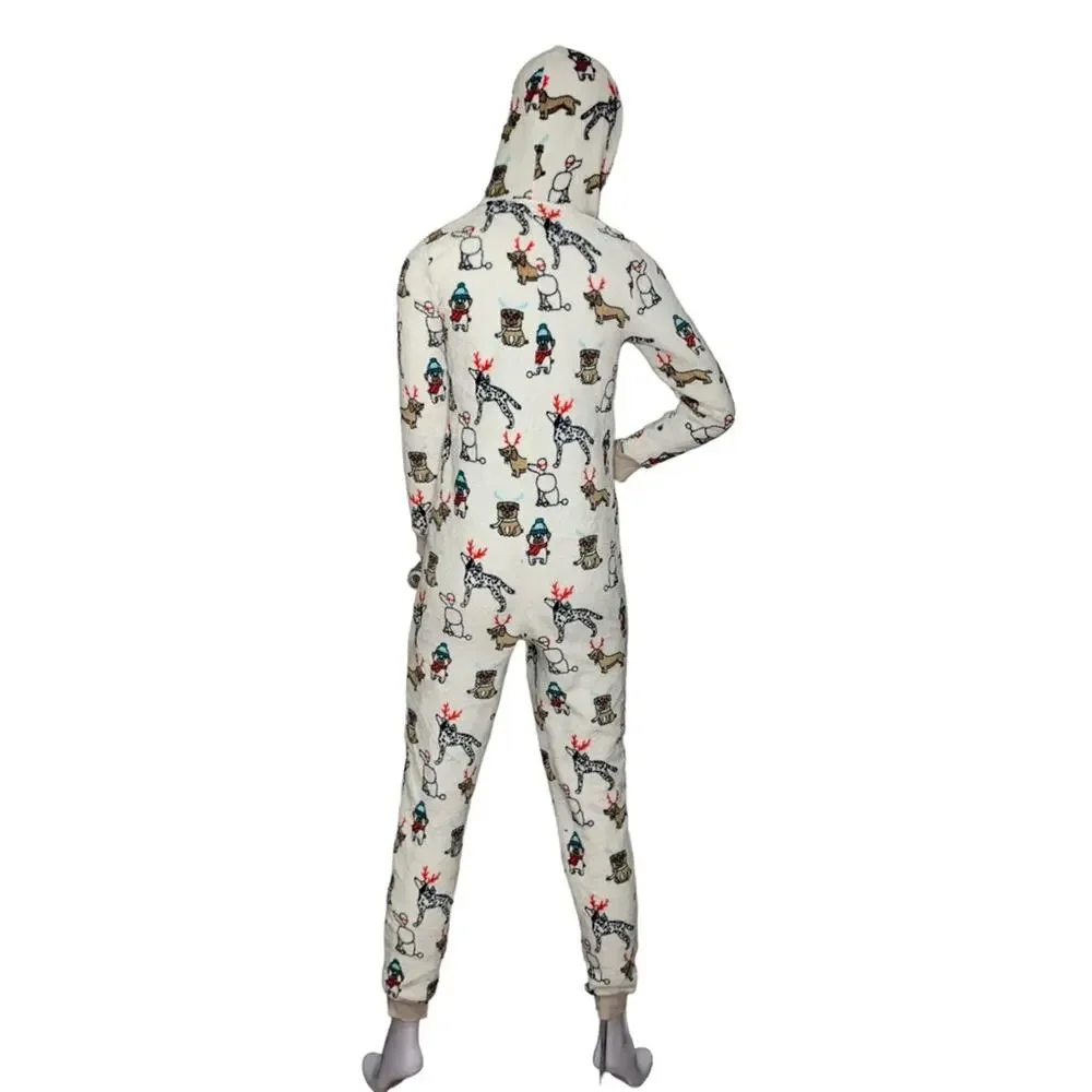 Holiday Time One Piece Hoodie Doggies Print Front Zipper Size XS